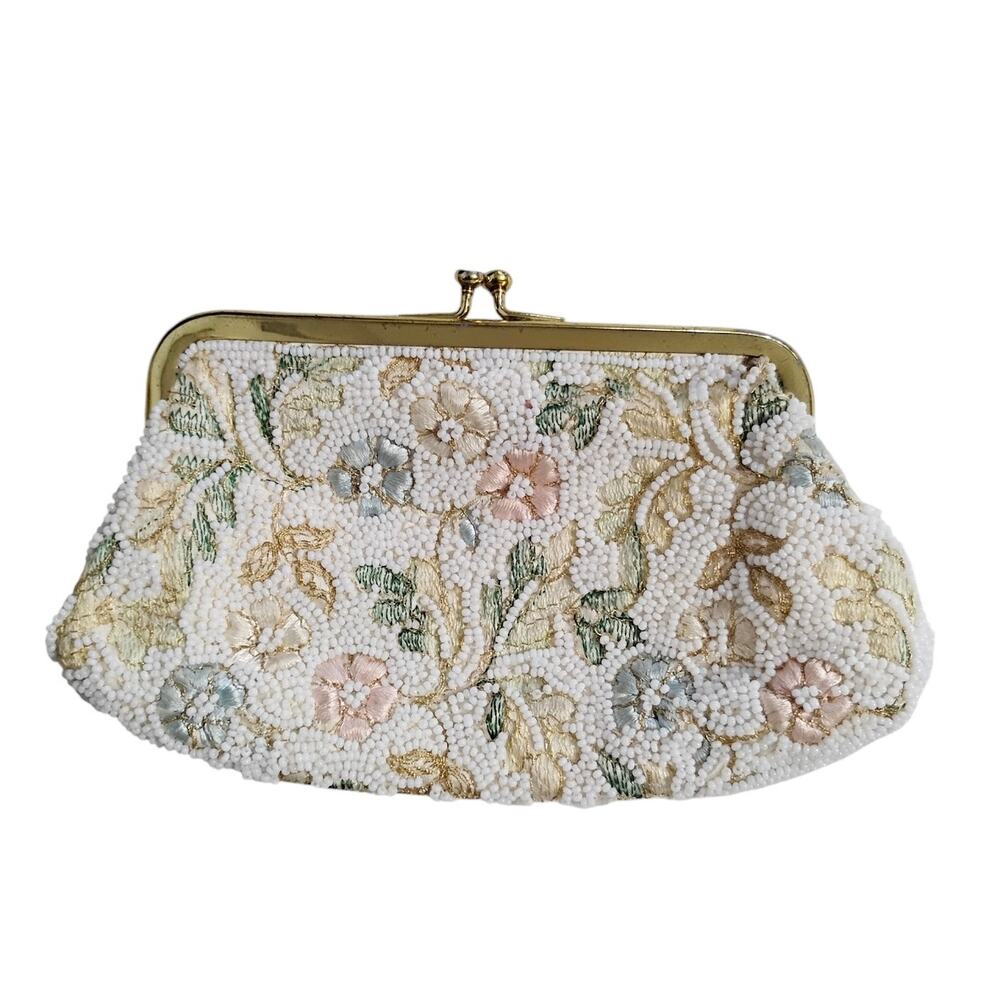 Vintage Jolles Original 1950s Hand Beaded Clutch Purse Floral Gold Kiss Lock
